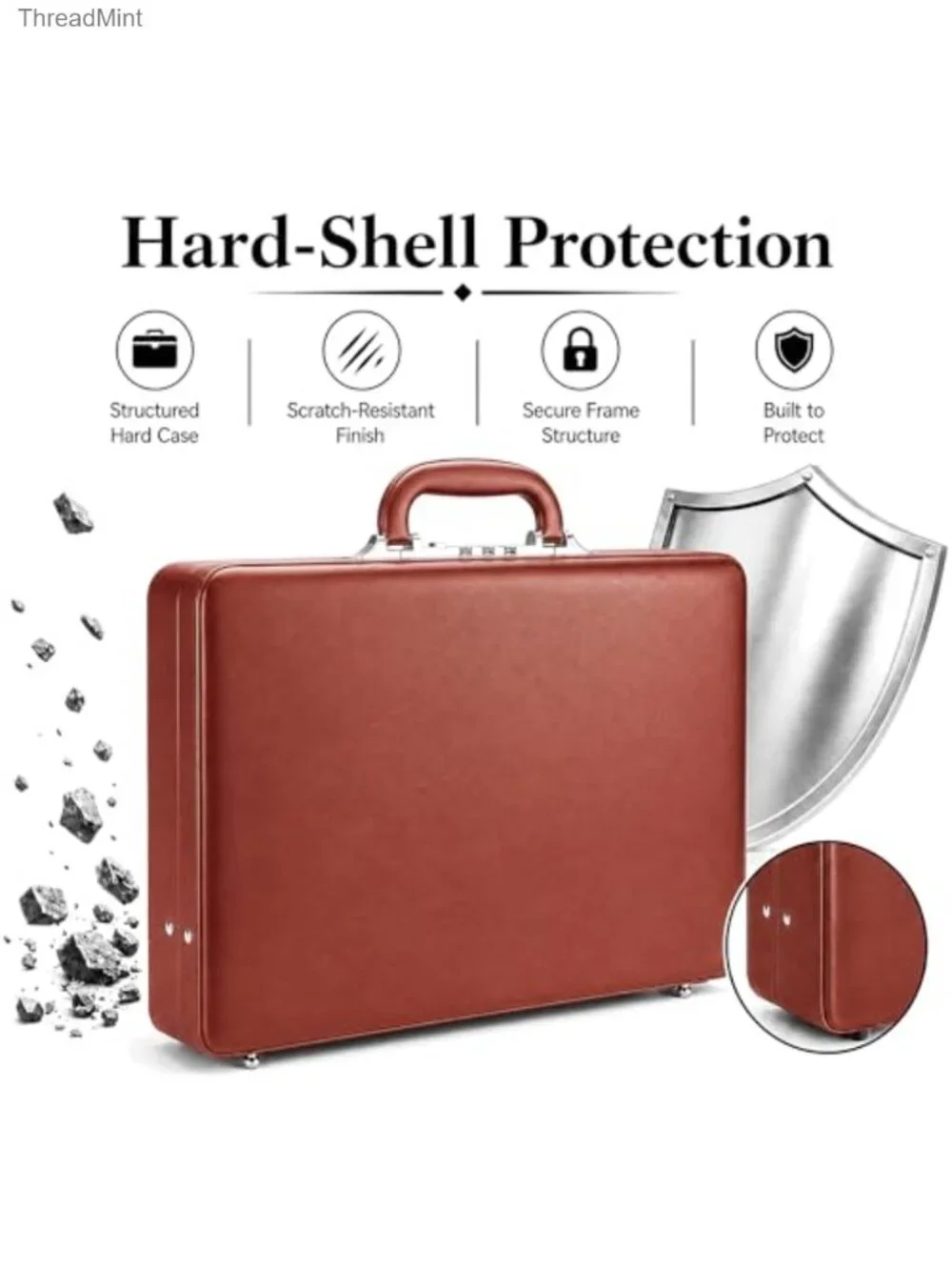 Men's Leather Briefcase with Combination Lock Hard Shell Laptop Attache